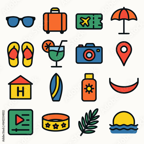 Summer icons depict vacation essentials on white background