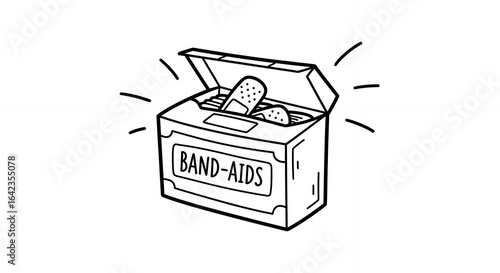 Monochrome Illustration of Open Bandage Box with Multiple Plasters on White Background