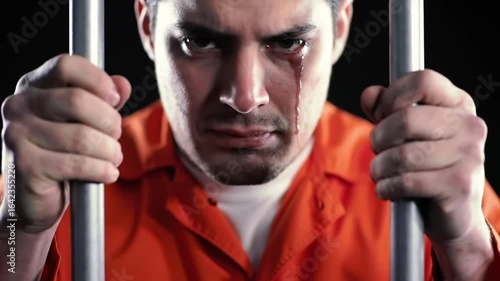 Crying Man in Orange Prison Uniform Holding Bars in a Dark Jail Cell with Despair