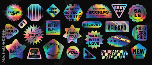 Set of Holographic Gradient Stickers for Sales. Glossy Foil Effect.