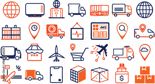 Orange and Blue Icons for Logistics, Delivery and Global Shipping globe computer monitor