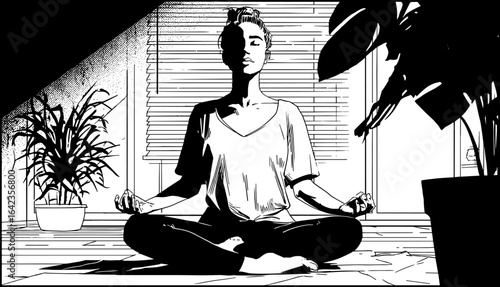 Silhouette of a woman meditating in a lotus pose, symbol of peace, health, and relaxation, hand drawn comic style black and white illustration