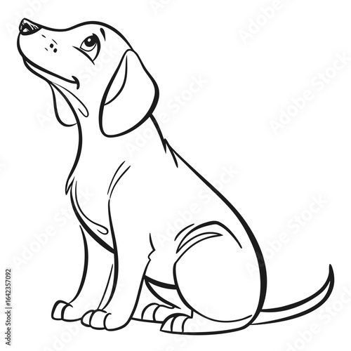 Line art drawing of a dog sitting with its head tilted upwards and looking to the left side of the image created with generated ai