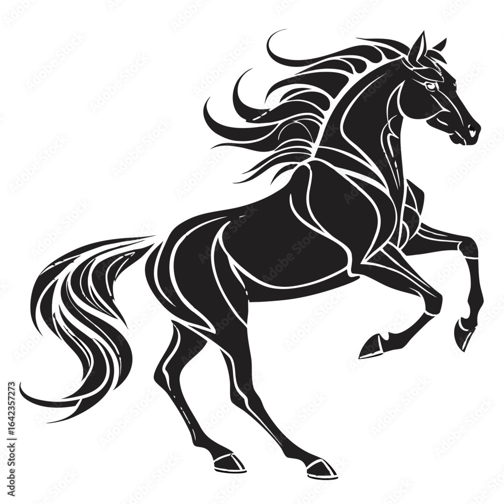 Obraz premium Silhouette of a rearing black horse with flowing mane and tail in a stylized vector illustration design created with generated ai