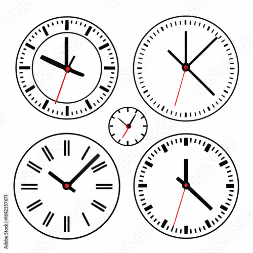 Illustration of five analog clocks with different time displays on a white background design element created with generated ai