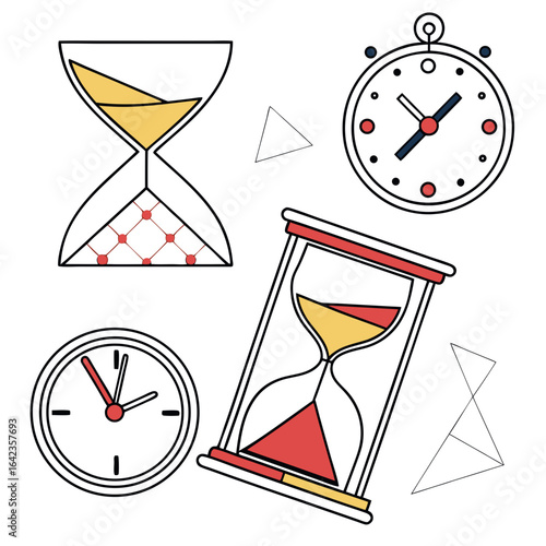 Illustration featuring two hourglasses and two clocks with geometric shapes around them created with generated ai