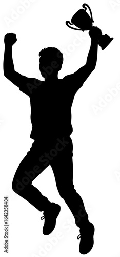 Happy Man Jumping with Trophy Held High