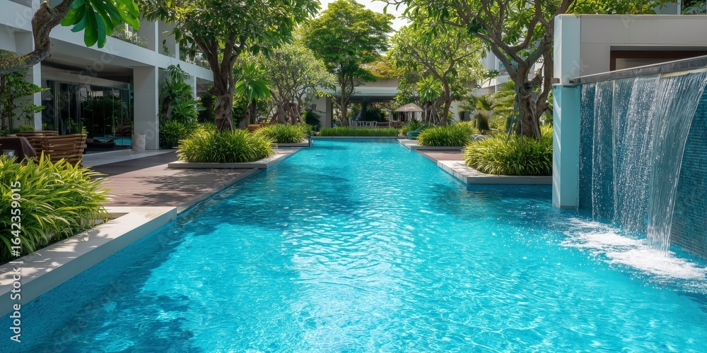 Fototapeta premium Modern swimming pool surrounded by tropical greenery and sunlight 