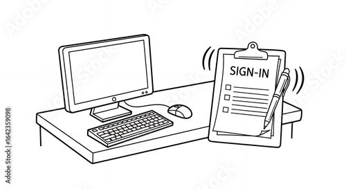 Monochrome Line Drawing of Computer Setup with Sign-In Clipboard on Desk in White Background Depicting Office Technology and Minimalist Design