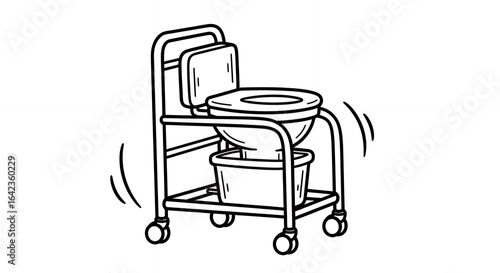 Monochrome Portable Commode Illustration with Wheels and Removable Container on White Background