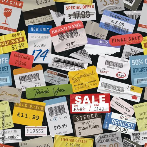 Vector Price Tag Label Seamless Pattern with Old Retro and Sale Designs. 