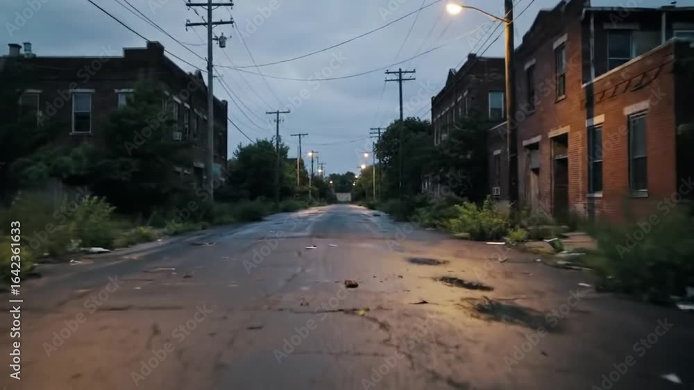 Gloomy Urban Street With Dilapidated Buildings Overcast Sky and Streetlights Gloomy Urban Street With Dilapidated Buildings Overcast Sky and Streetlights