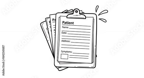 Patient Medical Clipboard with Paperwork in Black and White Illustration With Medical Records and Health History Simple Clip Art