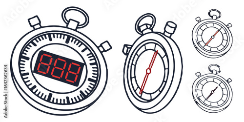 Collection of stopwatch illustrations showing digital and analog time keeping devices displayed created with generated ai