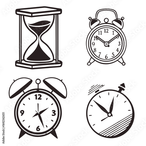 Illustration showing an hourglass and three different alarm clocks in a black and white drawing style created with generated ai