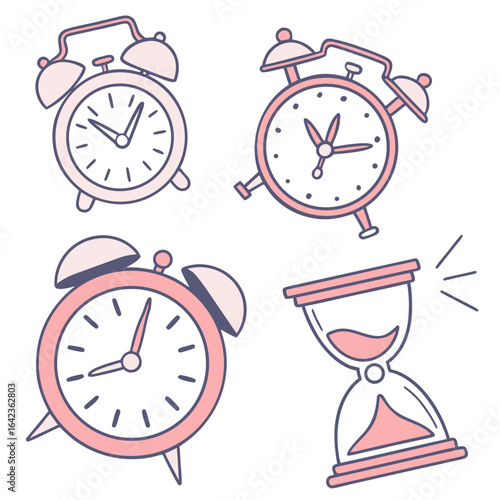 Illustration of three alarm clocks and one hourglass with pink and purple outlines on white background created with generated ai