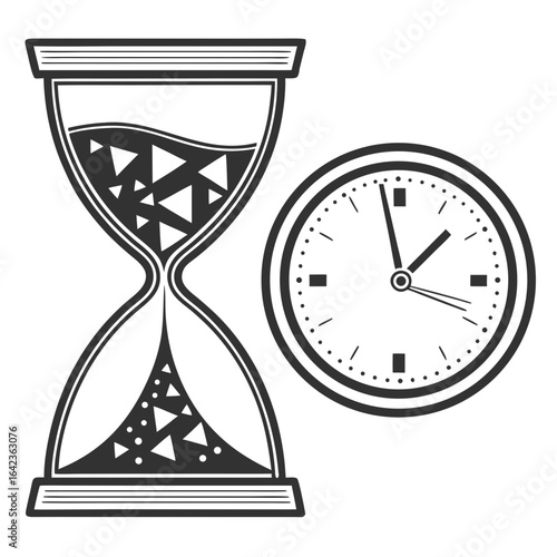 Hourglass with geometric sand and a clock displaying the time in a black and white illustration created with generated ai
