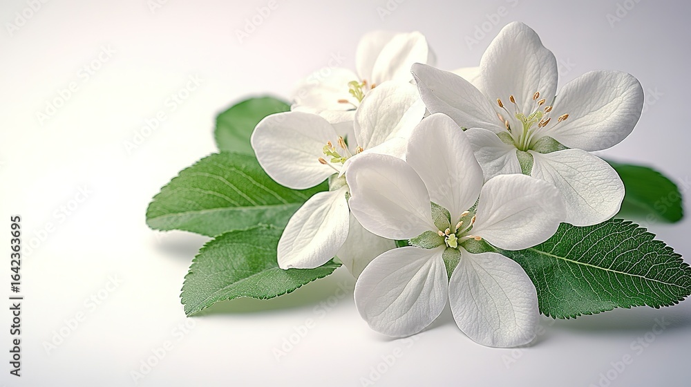 Obraz premium White flowers with green leaves on a bright background.