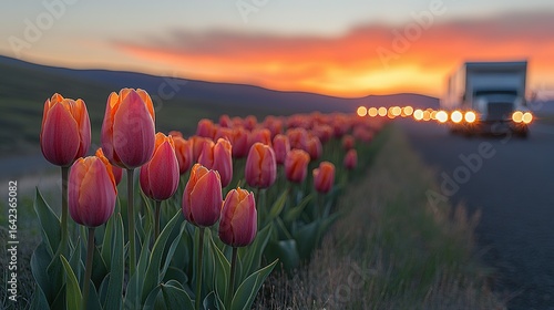 Tulips bloom beside a road with vehicles under a vibrant sunset sky.