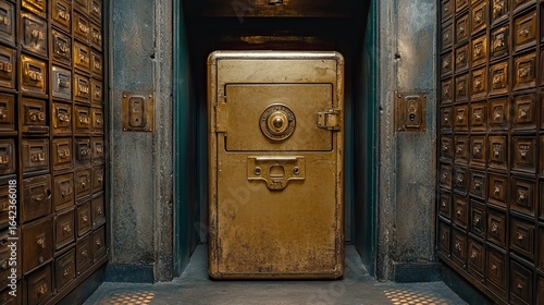 Vintage Bank Vault Door and Safety Deposit Boxes in a Secure Financial Institution