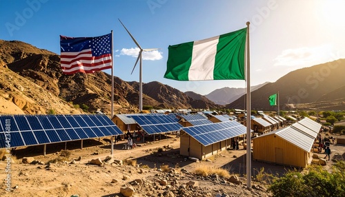 US-Nigeria collaboration on renewable energy, featuring solar panels and a wind turbine in a rural African setting.