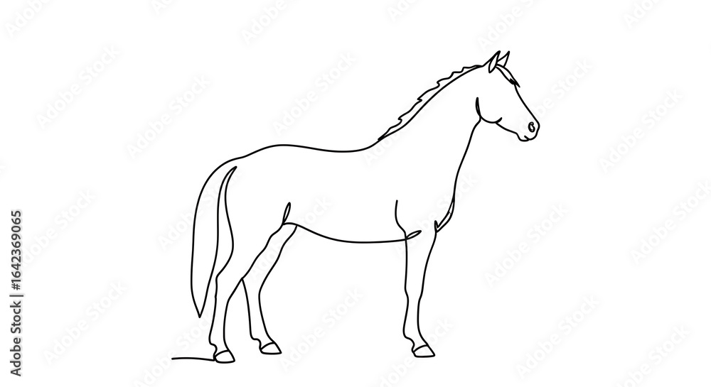 Fototapeta premium Elegant line drawing of a horse, standing profile, equine art, simple sketch.