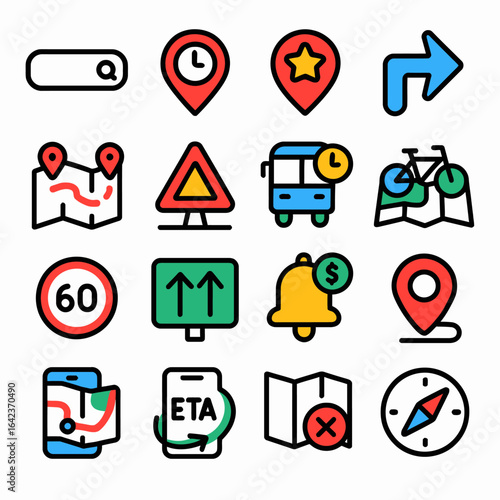 Navigation icons display transport travel mapping utilities design