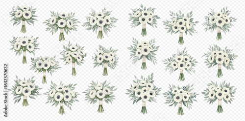 A beautiful collection of isolated wedding bouquets with white anemone flowers and green foliage.