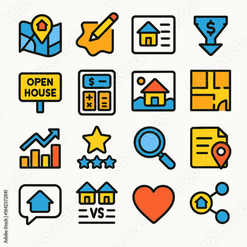 Real estate icons depict market process services flat