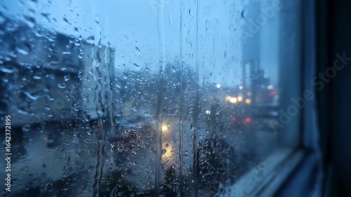 Raindrops on window time-lapse, cinematic rainy day view with blurred city lights in background, melancholy and calm atmosphere