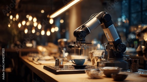 Robot preparing coffee in cafe
