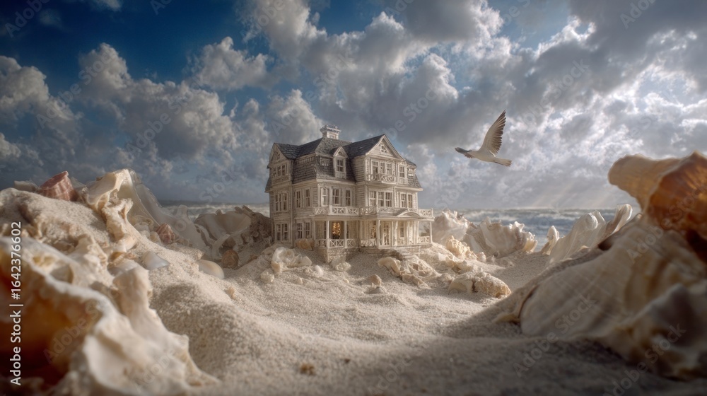 Fototapeta premium Seashell sand house miniature architecture