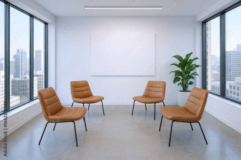 Fototapeta premium Modern Office Meeting Room with City View, Minimalist Interior Design, Featuring Chairs and Blank Whiteboard