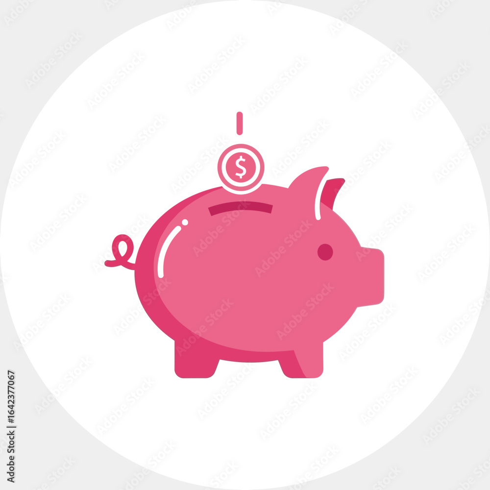 Fototapeta premium Pink piggy bank with coin falling into it on a white background.