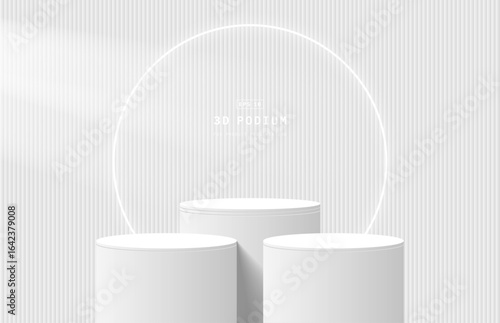 White 3d cylinder podium pedestal or product display stand realistic with glowing neon light ring and vertical wall background. Minimal wall scene for mockup or product display presentation. 3d vector