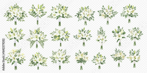 A large collection of elegant wedding bouquets featuring white lilies and lush green foliage, arranged in various styles on a transparent background.