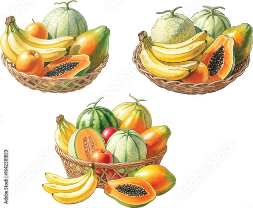 Three Wicker Baskets Full of Fresh Cantaloupe, Papayas, Bananas & Apples

