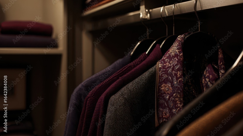 Fototapeta premium Clothes hanging in a walk-in closet.