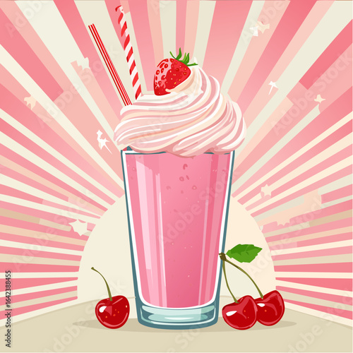 Fresh strawberry smoothie healthy food for breakfast in glass cartoon vector illustration on a white background
3