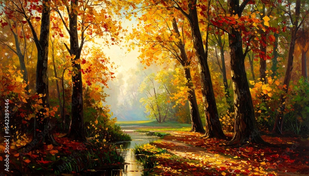 Obraz premium Autumn forest path sunlight landscape