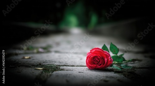 A solitary red rose rests on a stone walkway.