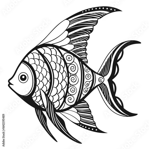 Detailed black and white drawing of an angelfish with intricate patterns and decorative fins design created with generated ai