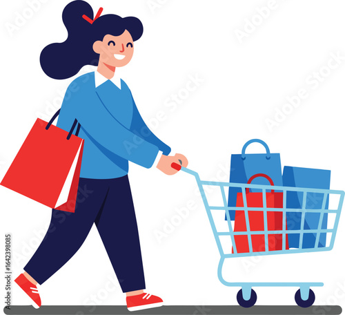 Woman shopping with cart full of bags and holding red shopping bag walking happily vector illustration 