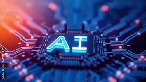 Glowing blue AI text sits above a vibrant network of circuits Orange light accents the complex digital design representing advanced technology