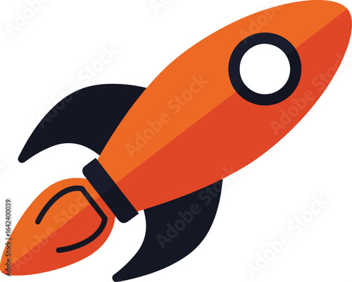 Rocket ship flying upward with orange and black colors in simple flat vector style 