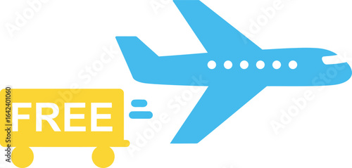 Airplane and free luggage cart icon blue and yellow simple travel vector illustration