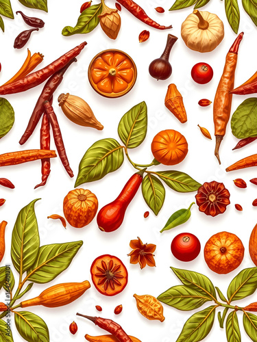 Seamless vector pattern of different Thai spices on white background