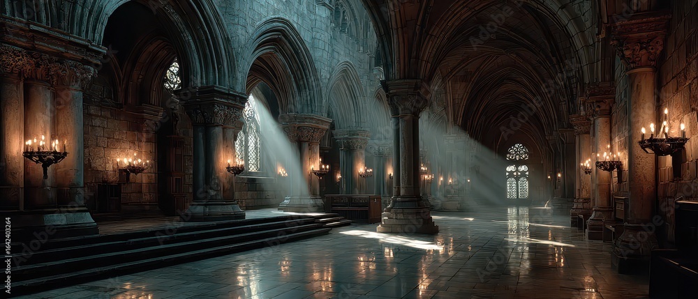 Fototapeta premium Light filtering through an ancient stone cathedral