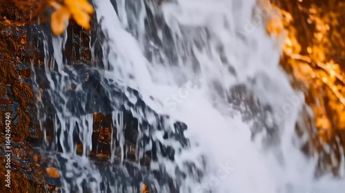Flowing cascade of a small waterfall with golden autumn foliage scenery closeup