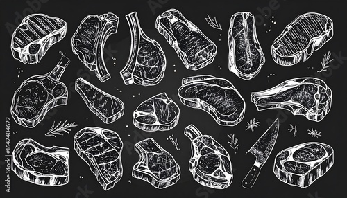 Various cuts of steak, detailed illustration